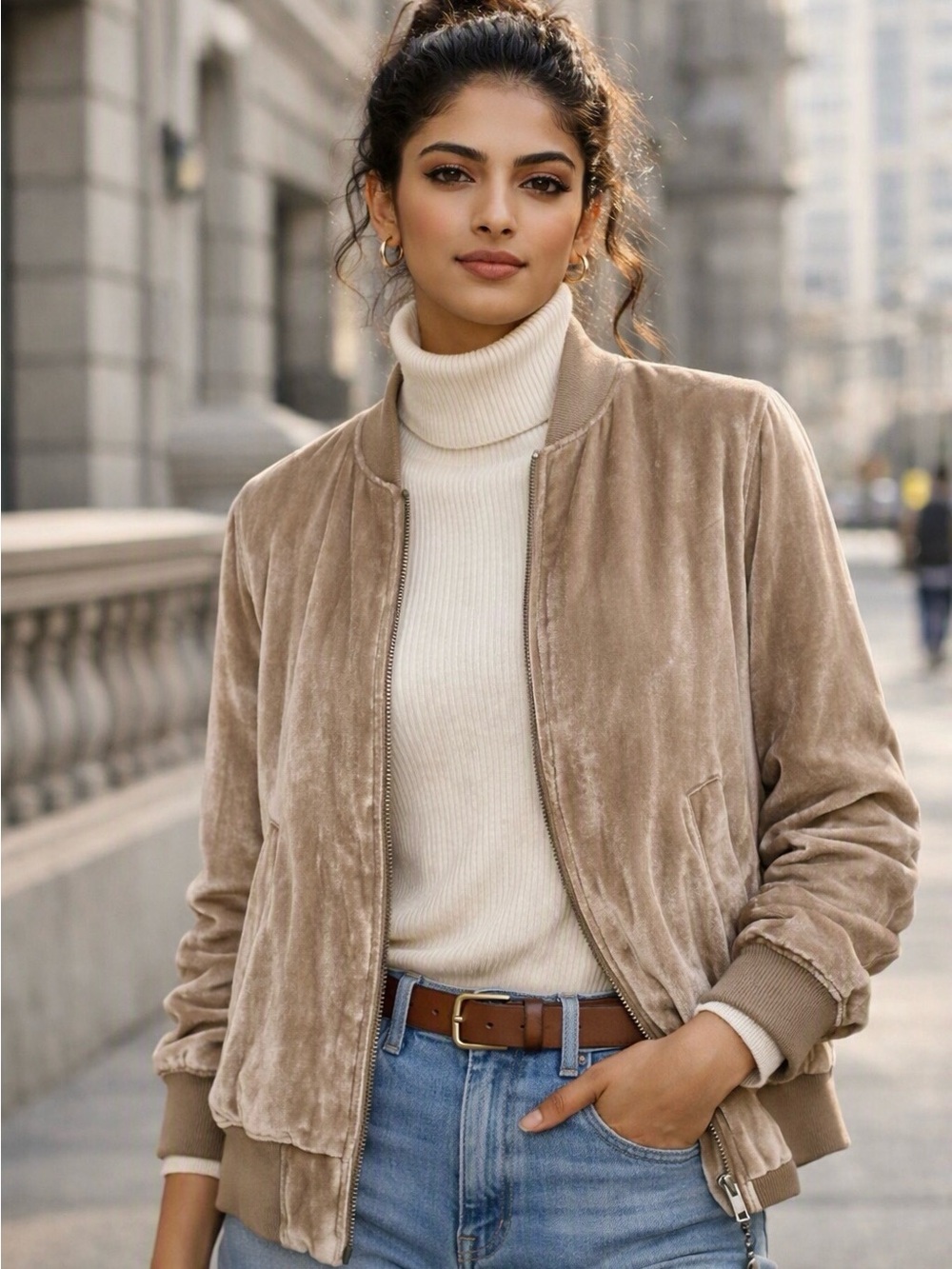 NWOT Madewell Taupe Velvet Velour Bomber Jacket Neutral Layering Sweater